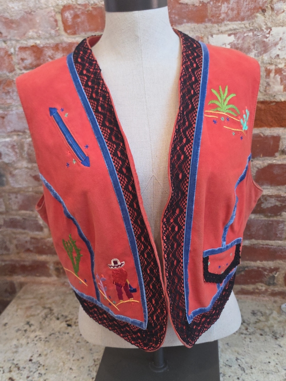 Double D Ranch Coral Suede Embroidered Vest with Blue Trim - 1834